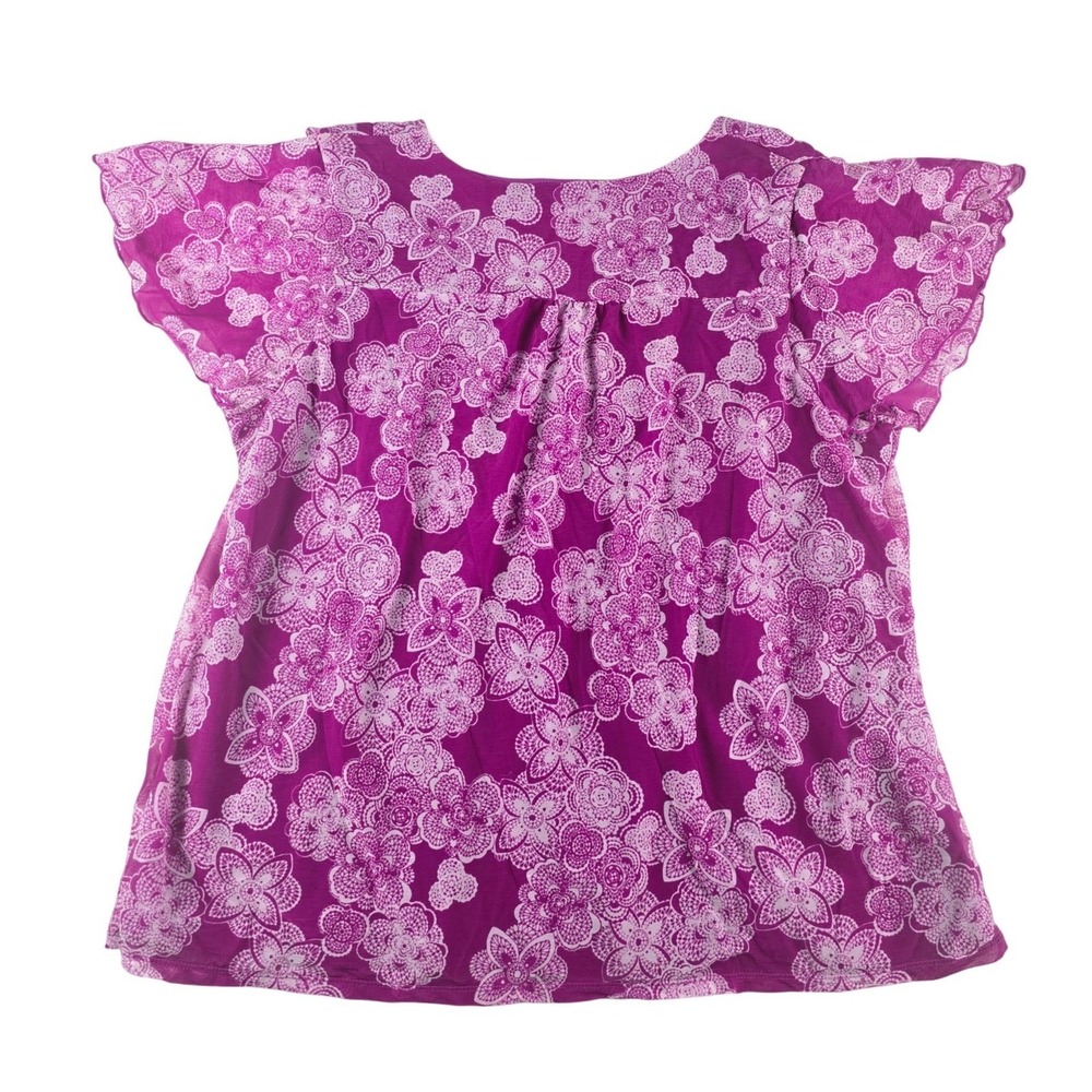 Elle Ruffle Front Blouse Womens 1X Purple Floral Flutter Sleeve V-Neck Top Plus - Picture 2 of 9